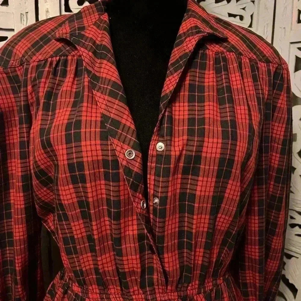 VINTAGE LESLIE FAY EXTRAORDINARY RED PLAID FIT FLARE LONG SLEEVE MIDI DRESS L